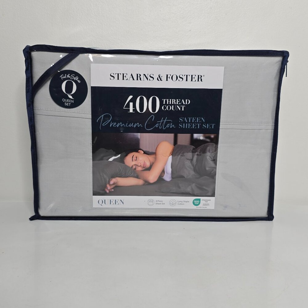 STEARNS & FOSTER Queen Gray 400 TC Cotton Sateen Sheet Set MSRP $229 Grey NEW